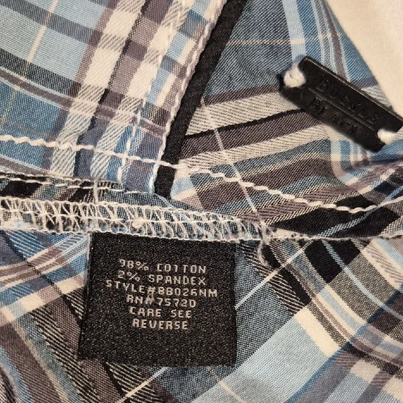Buckle Black, Long Sleeve Black Label  Blue and Black Plaid Snap Down Mens Shirt - Picture 10 of 16
